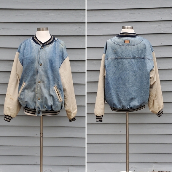 Vintage 90s y2k Varsity 2 Tone Blue Jean Tan Denim Distressed Bomber Jacket Lg - Picture 1 of 7